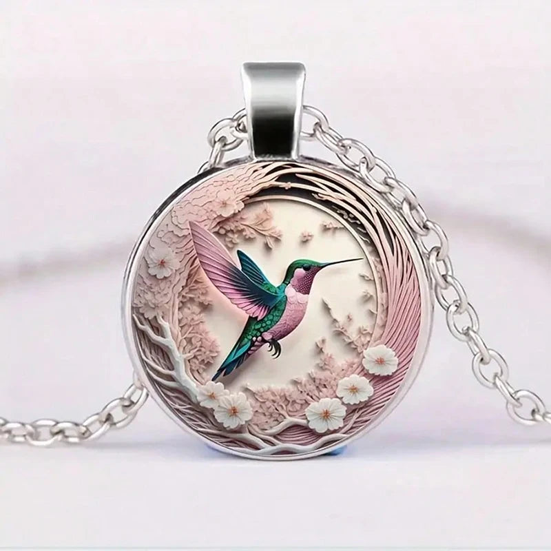 Cute Round Hummingbird Glass Dome Cabochon Pendants Necklaces Bird Rainforest Jewelry Accessories