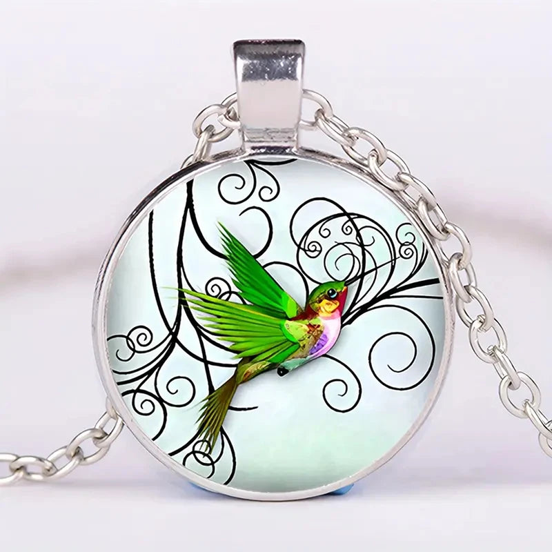 Cute Round Hummingbird Glass Dome Cabochon Pendants Necklaces Bird Rainforest Jewelry Accessories