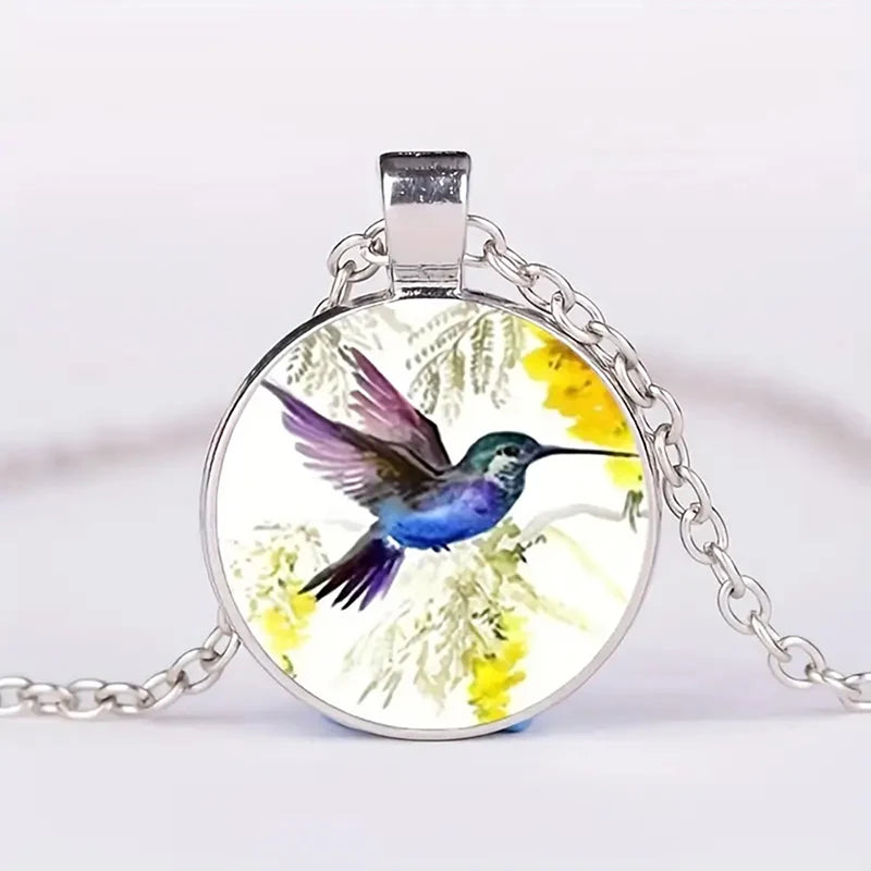 Cute Round Hummingbird Glass Dome Cabochon Pendants Necklaces Bird Rainforest Jewelry Accessories