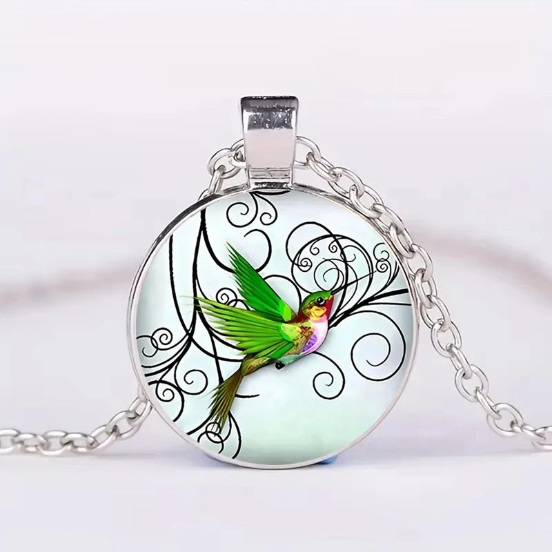 Cute Round Hummingbird Glass Dome Cabochon Pendants Necklaces Bird Rainforest Jewelry Accessories