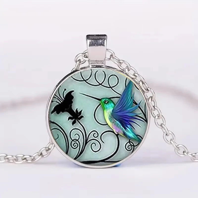 Cute Round Hummingbird Glass Dome Cabochon Pendants Necklaces Bird Rainforest Jewelry Accessories