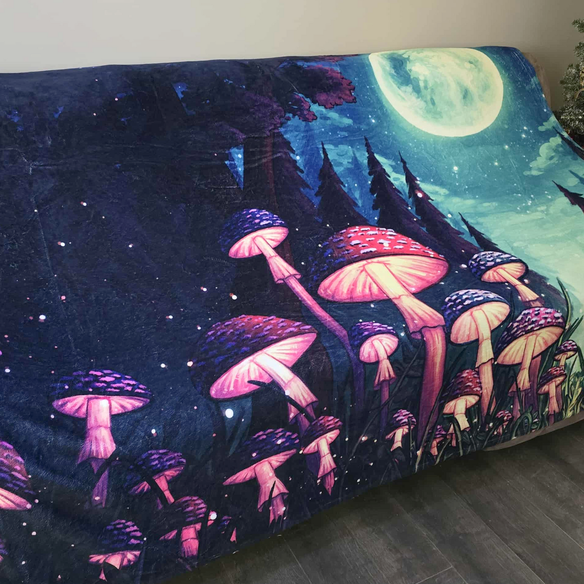 Moonlit Mushroom Forest Throw Blanket